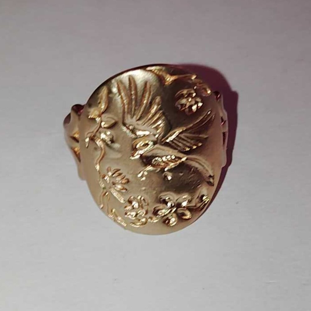 Vintage Look Golden Bird Flower on Branch Engraved Ring Sizes 8 Available